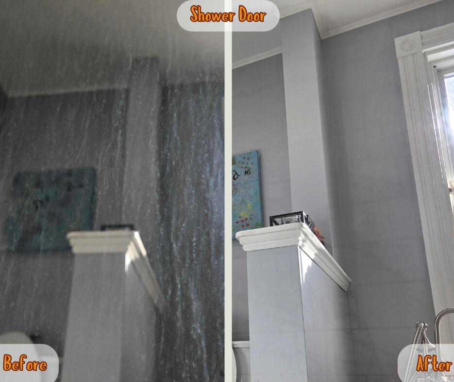 Soap scum removed from glass shower door.